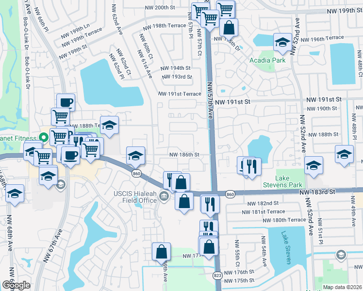 map of restaurants, bars, coffee shops, grocery stores, and more near 6065 Northwest 186th Street in Hialeah