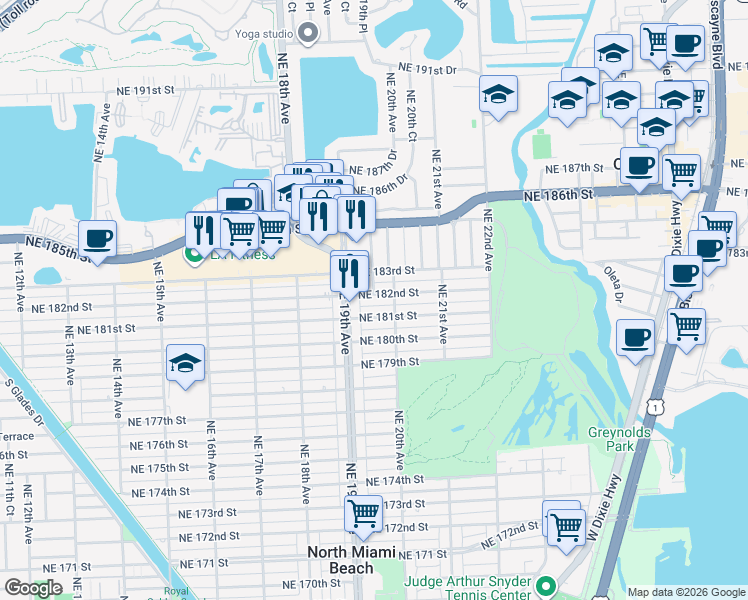 map of restaurants, bars, coffee shops, grocery stores, and more near 1960 Northeast 181st Street in North Miami Beach