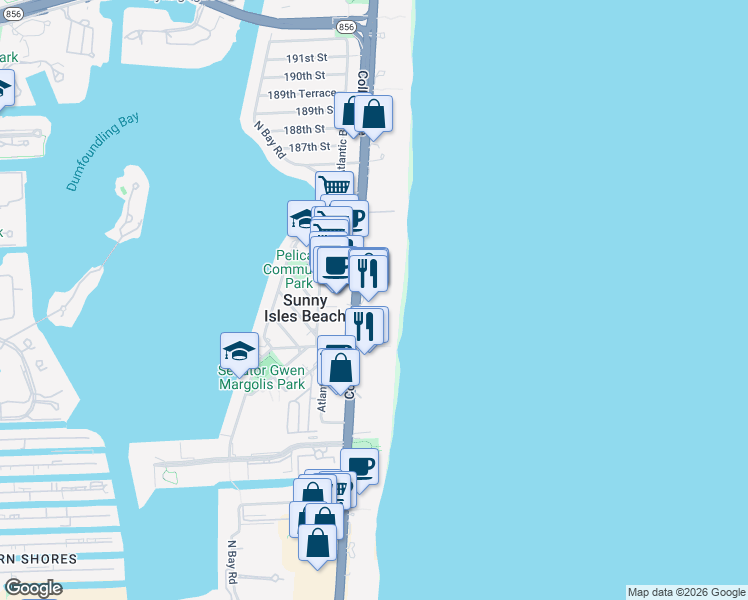 map of restaurants, bars, coffee shops, grocery stores, and more near 18001 Collins Avenue in Sunny Isles Beach