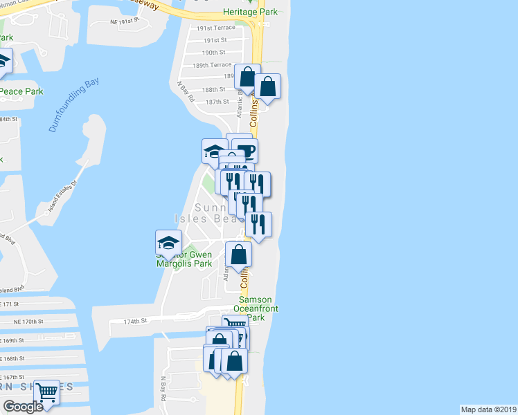 map of restaurants, bars, coffee shops, grocery stores, and more near 18001 Collins Avenue in Sunny Isles Beach