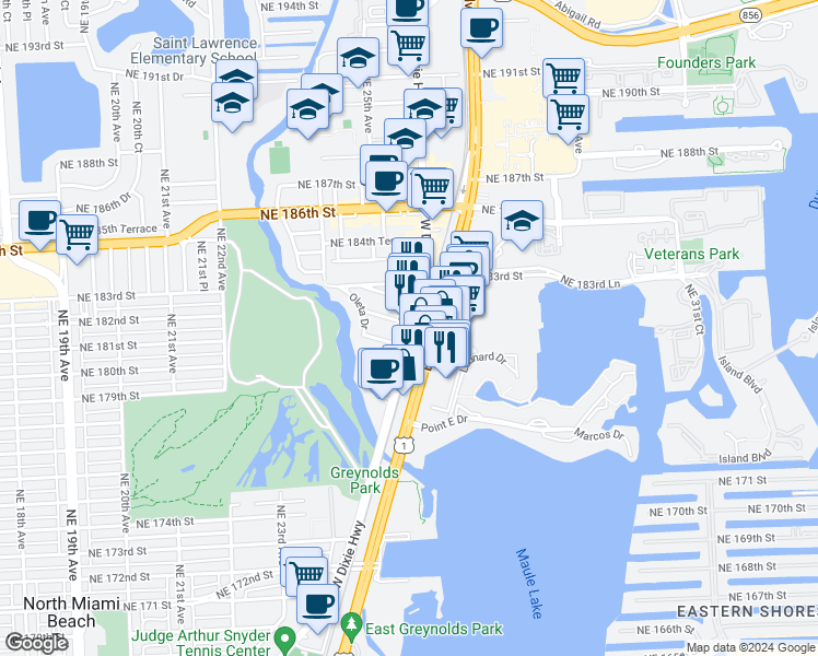 map of restaurants, bars, coffee shops, grocery stores, and more near 18060 West Dixie Highway in Aventura
