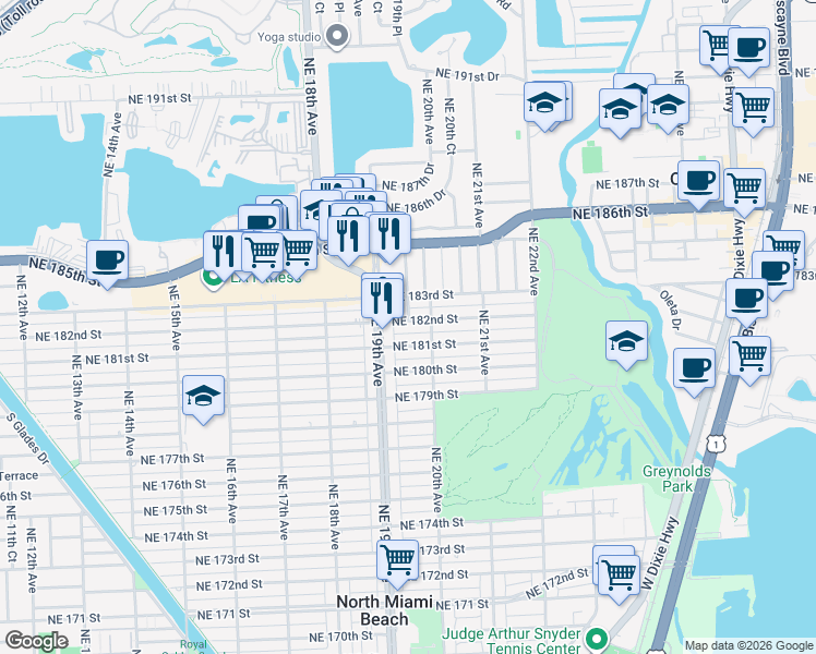 map of restaurants, bars, coffee shops, grocery stores, and more near 1960 Northeast 181st Street in North Miami Beach
