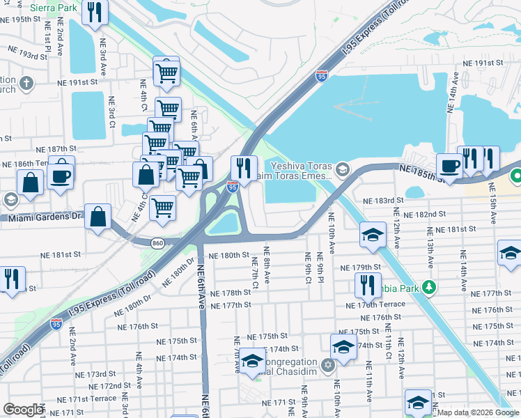 map of restaurants, bars, coffee shops, grocery stores, and more near 18221 Northeast 7th Court in North Miami Beach