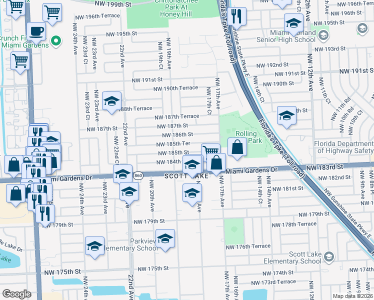 map of restaurants, bars, coffee shops, grocery stores, and more near 1821 Northwest 184th Street in Miami Gardens