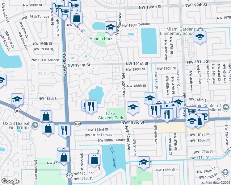 map of restaurants, bars, coffee shops, grocery stores, and more near 5279 Northwest 186th Street in Miami Gardens