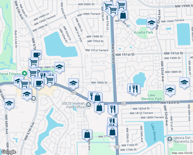 map of restaurants, bars, coffee shops, grocery stores, and more near 5900 Northwest 186th Street in Hialeah