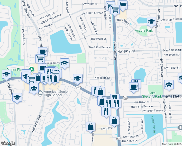 map of restaurants, bars, coffee shops, grocery stores, and more near 6090 Northwest 186th Street in Hialeah