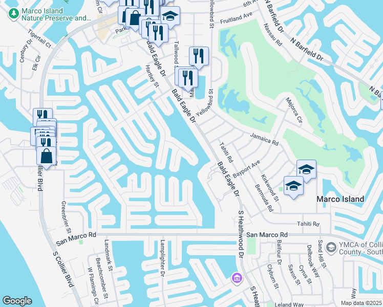 map of restaurants, bars, coffee shops, grocery stores, and more near 1186 Strawberry Court in Marco Island