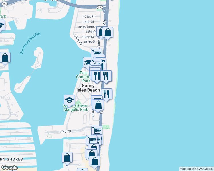 map of restaurants, bars, coffee shops, grocery stores, and more near 18001 Florida A1A in Sunny Isles Beach