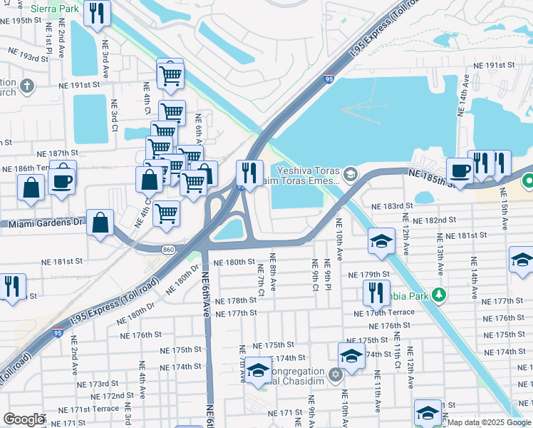 map of restaurants, bars, coffee shops, grocery stores, and more near 18221 Northeast 7th Court in North Miami Beach