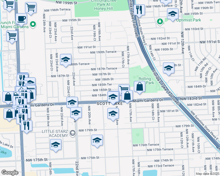 map of restaurants, bars, coffee shops, grocery stores, and more near 1821 Northwest 184th Street in Miami Gardens