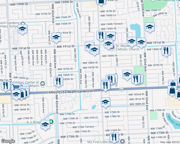 map of restaurants, bars, coffee shops, grocery stores, and more near 3820 Northwest 185th Terrace in Miami Gardens