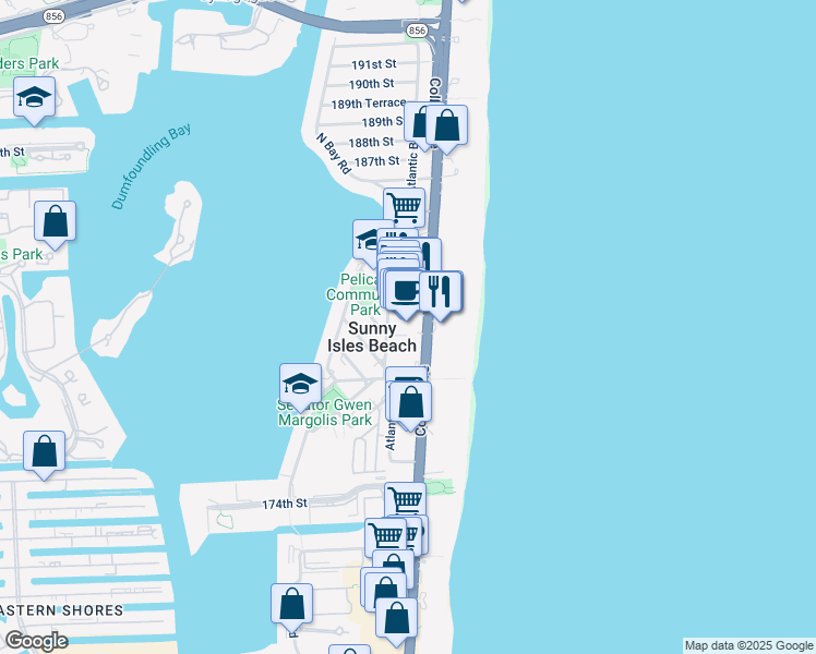 map of restaurants, bars, coffee shops, grocery stores, and more near 18090 Collins Avenue in Sunny Isles Beach