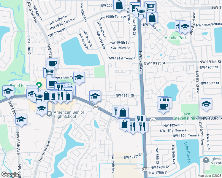 map of restaurants, bars, coffee shops, grocery stores, and more near 18785 Northwest 62nd Avenue in Hialeah