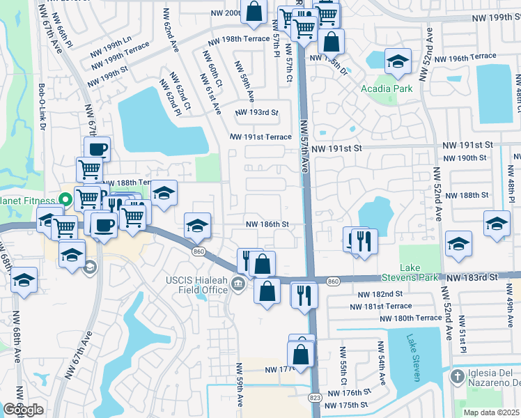 map of restaurants, bars, coffee shops, grocery stores, and more near 6045 Northwest 186th Street in Hialeah