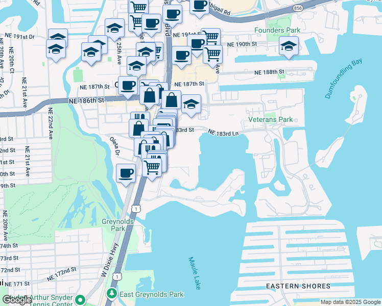 map of restaurants, bars, coffee shops, grocery stores, and more near 2750 Northeast 183rd Street in Aventura