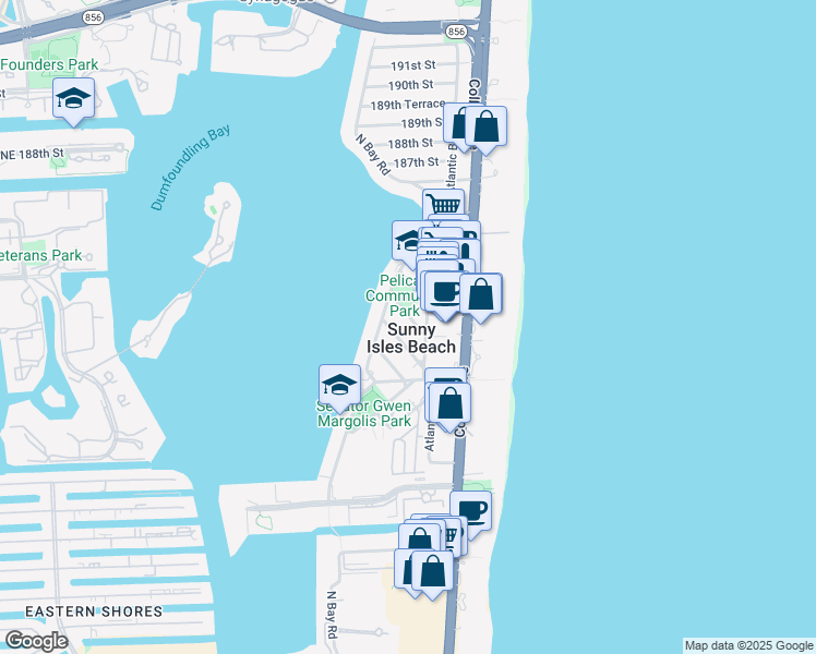 map of restaurants, bars, coffee shops, grocery stores, and more near 18001 North Bay Road in Sunny Isles Beach