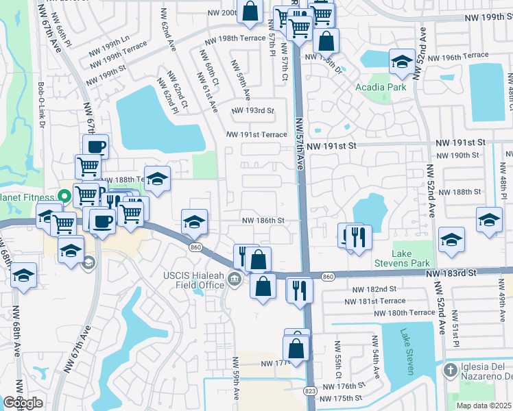 map of restaurants, bars, coffee shops, grocery stores, and more near 6135 Northwest 186th Street in Hialeah