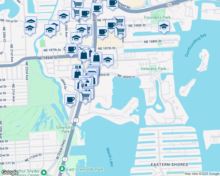 map of restaurants, bars, coffee shops, grocery stores, and more near 2750 Northeast 183rd Street in Aventura
