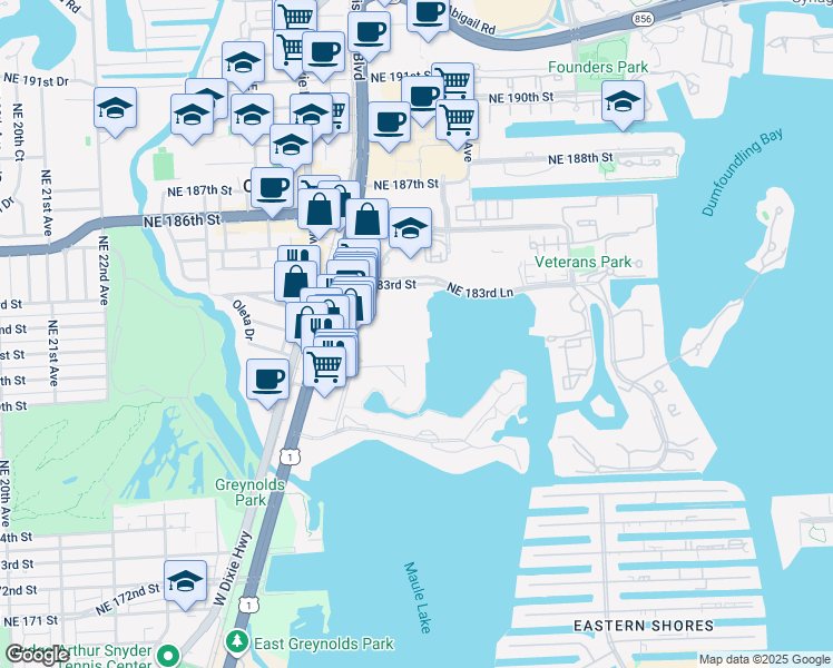 map of restaurants, bars, coffee shops, grocery stores, and more near 2750 Northeast 183rd Street in Aventura
