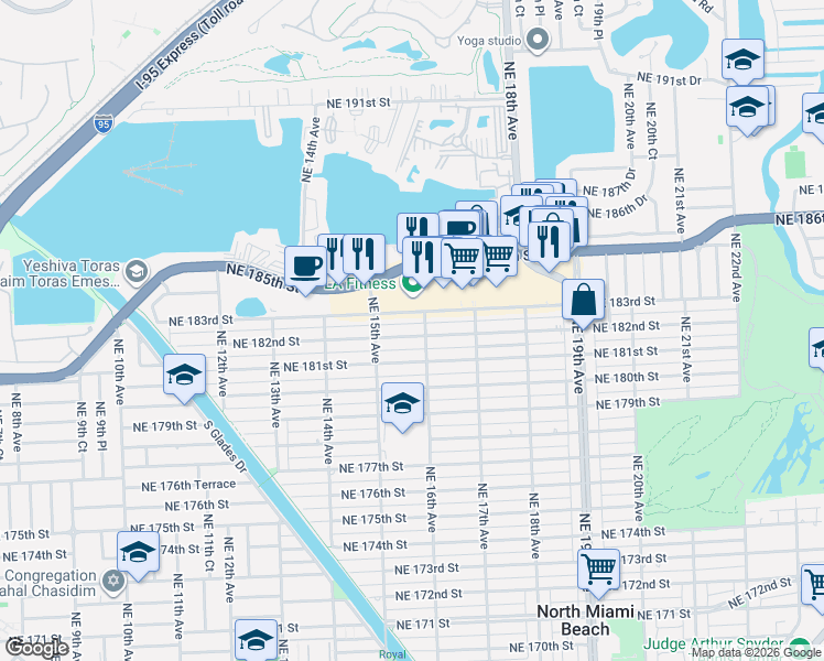 map of restaurants, bars, coffee shops, grocery stores, and more near 1598 Northeast 183rd Street in North Miami Beach