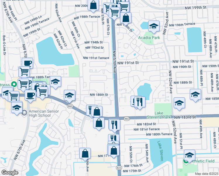 map of restaurants, bars, coffee shops, grocery stores, and more near 5725 Northwest 186th Street in Hialeah