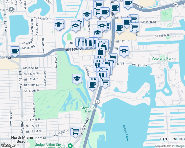 map of restaurants, bars, coffee shops, grocery stores, and more near 2507 Northeast 182nd Street in North Miami Beach