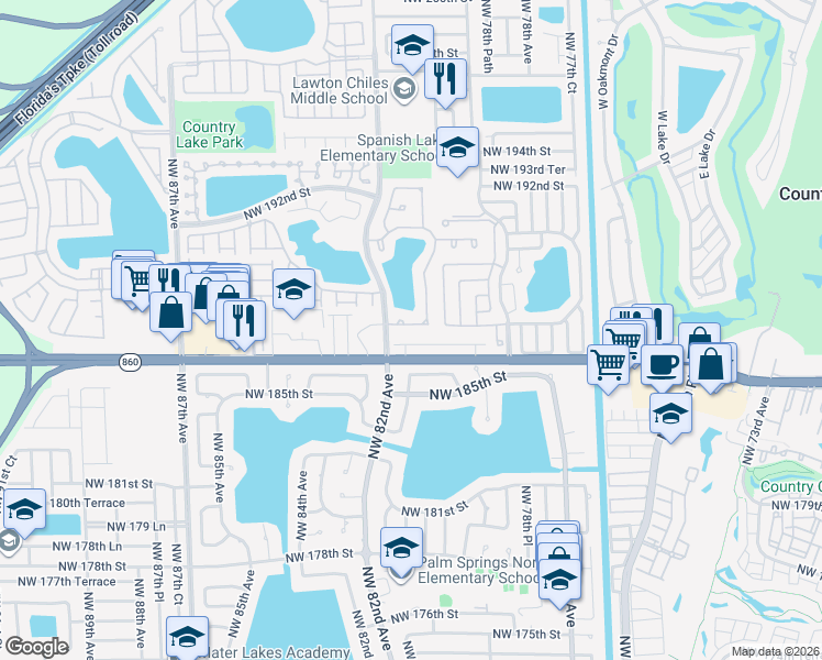 map of restaurants, bars, coffee shops, grocery stores, and more near 8165 Northwest 187th Terrace in Hialeah