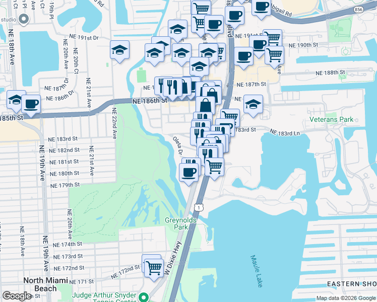 map of restaurants, bars, coffee shops, grocery stores, and more near 2507 Northeast 182nd Street in North Miami Beach