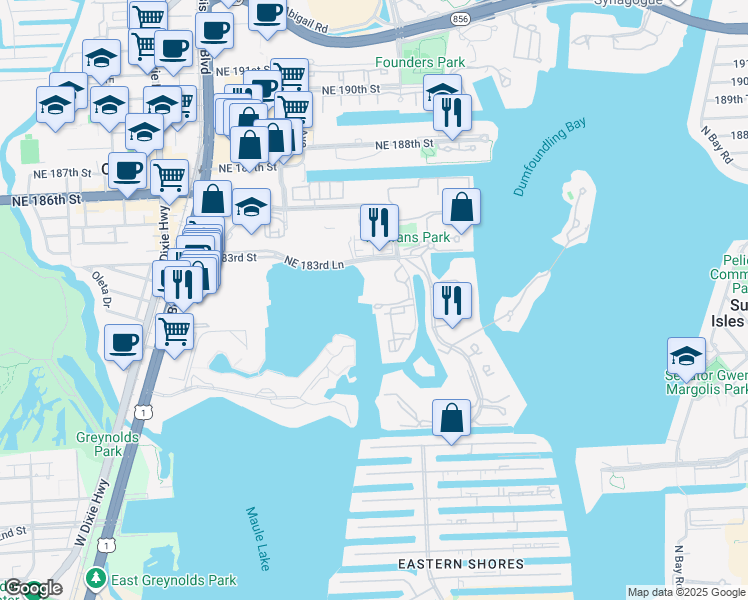 map of restaurants, bars, coffee shops, grocery stores, and more near 18181 Northeast 31st Court in Aventura