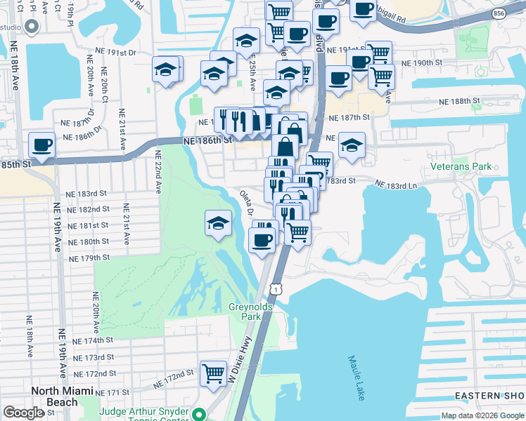 map of restaurants, bars, coffee shops, grocery stores, and more near 2507 Northeast 182nd Street in North Miami Beach