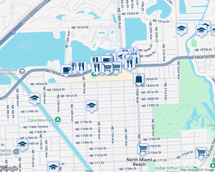 map of restaurants, bars, coffee shops, grocery stores, and more near 1666 Northeast 183rd Street in North Miami Beach