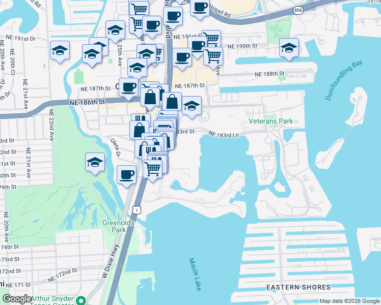map of restaurants, bars, coffee shops, grocery stores, and more near 2750 Northeast 183rd Street in Aventura