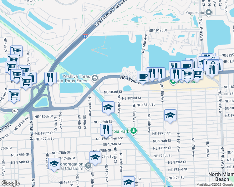 map of restaurants, bars, coffee shops, grocery stores, and more near 1198 Northeast 183rd Street in North Miami Beach