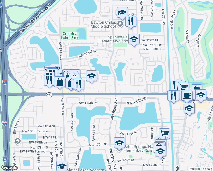 map of restaurants, bars, coffee shops, grocery stores, and more near 804 Northwest 188th Street in Hialeah