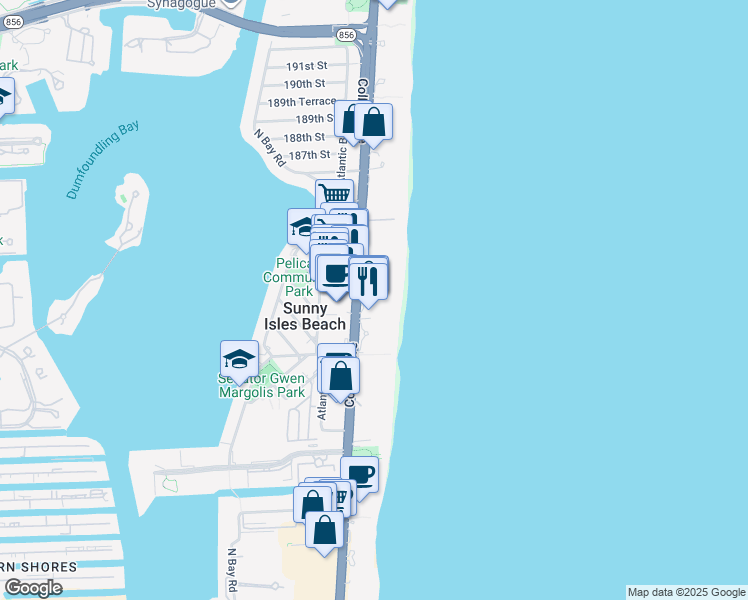 map of restaurants, bars, coffee shops, grocery stores, and more near 18108 Collins Avenue in North Miami Beach