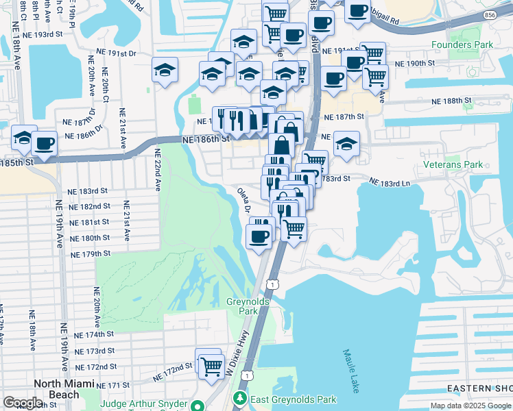 map of restaurants, bars, coffee shops, grocery stores, and more near 2507 Northeast 182nd Street in North Miami Beach