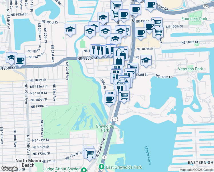 map of restaurants, bars, coffee shops, grocery stores, and more near 2507 Northeast 182nd Street in North Miami Beach