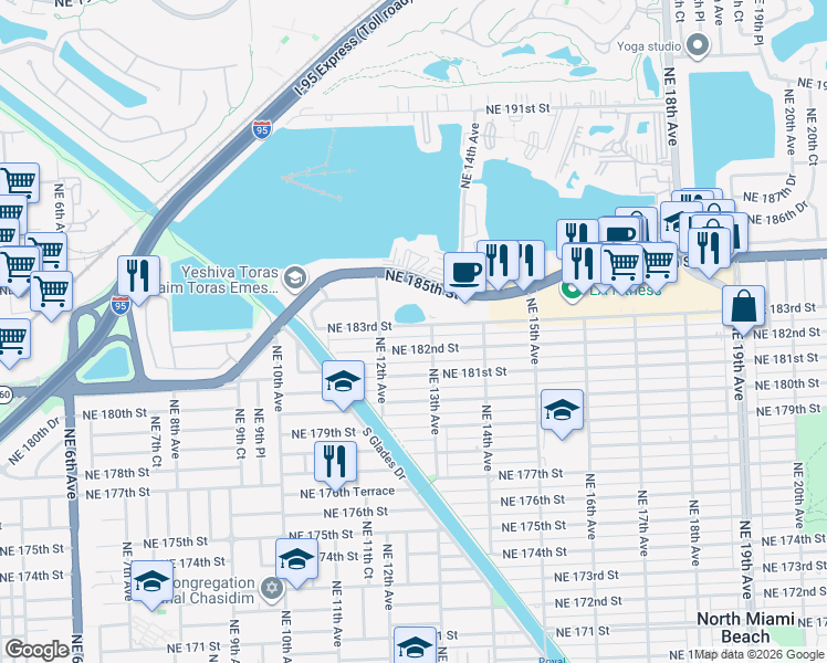 map of restaurants, bars, coffee shops, grocery stores, and more near 1282 Northeast 183rd Street in North Miami Beach