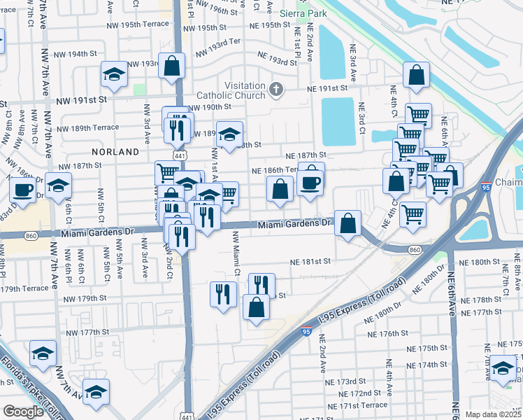 map of restaurants, bars, coffee shops, grocery stores, and more near 42 Northeast 184th Terrace in Miami
