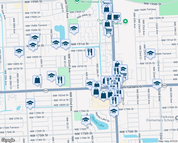 map of restaurants, bars, coffee shops, grocery stores, and more near 2931 Northwest 186th Terrace in Miami Gardens