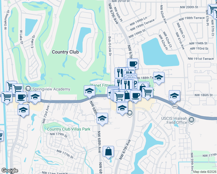 map of restaurants, bars, coffee shops, grocery stores, and more near 6780 Northwest 187th Terrace in Hialeah