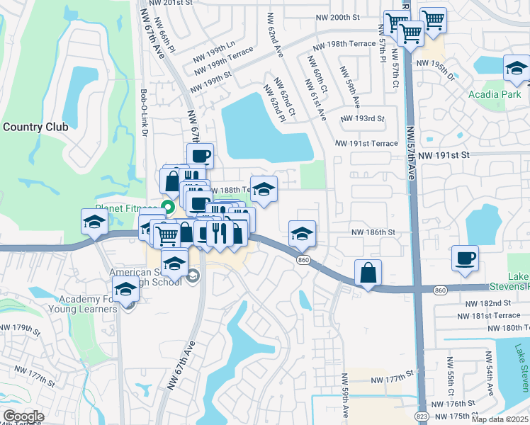 map of restaurants, bars, coffee shops, grocery stores, and more near 6350 Northwest 188th Terrace in Hialeah