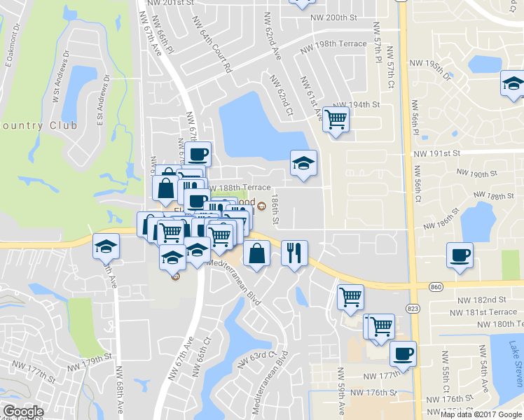 map of restaurants, bars, coffee shops, grocery stores, and more near 6350 Northwest 188th Terrace in Hialeah