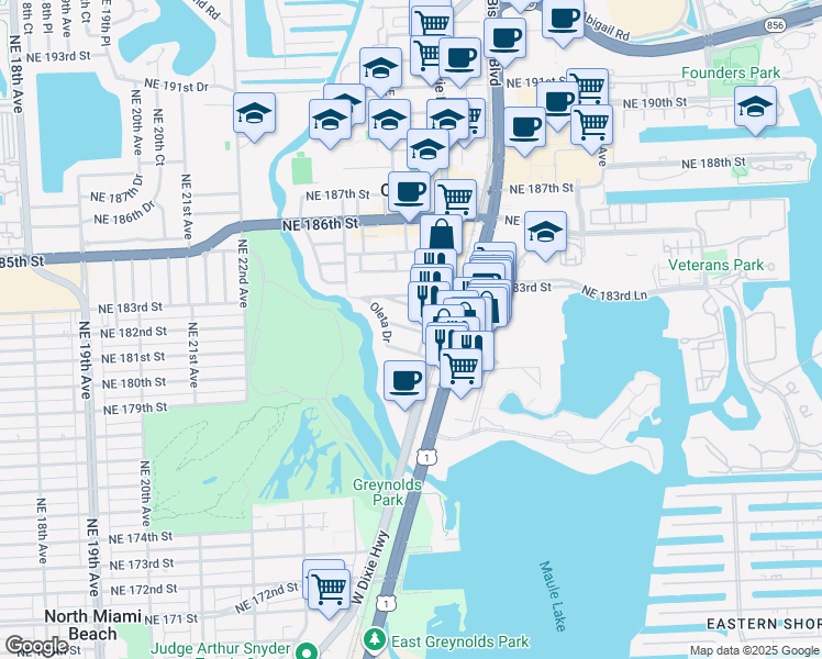 map of restaurants, bars, coffee shops, grocery stores, and more near 18220 Northeast 25th Place in North Miami Beach