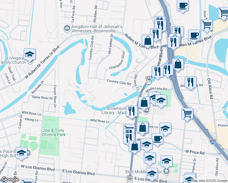 map of restaurants, bars, coffee shops, grocery stores, and more near 33 Country Club Road in Brownsville