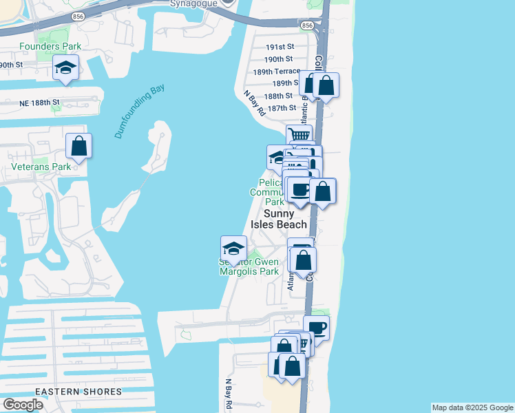 map of restaurants, bars, coffee shops, grocery stores, and more near 18001 North Bay Road in Sunny Isles Beach