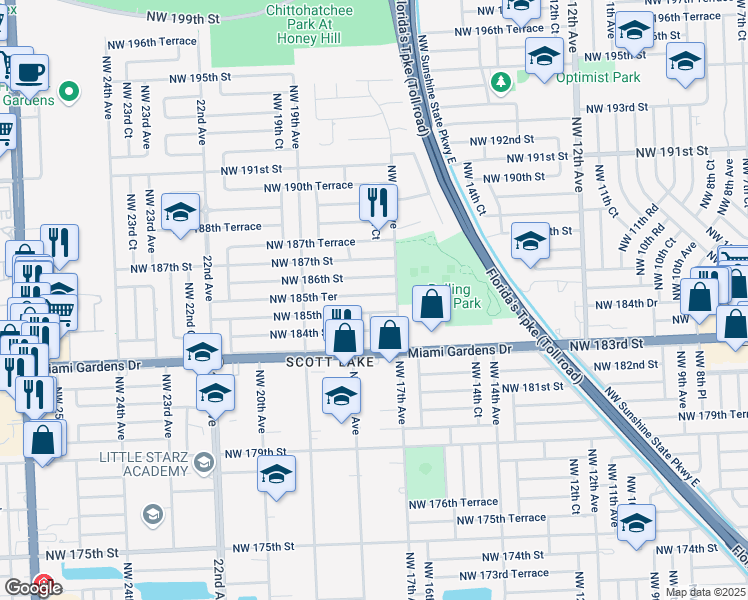map of restaurants, bars, coffee shops, grocery stores, and more near 1745 Northwest 185th Terrace in Miami Gardens
