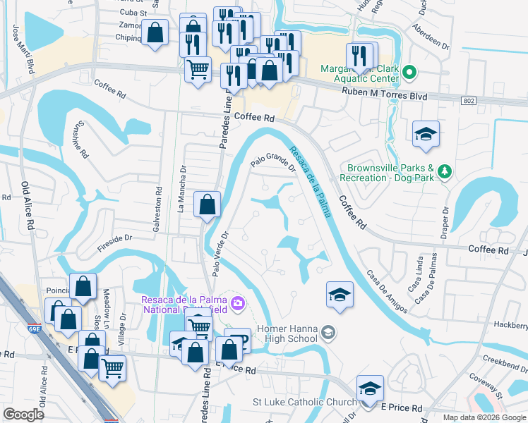 map of restaurants, bars, coffee shops, grocery stores, and more near 47 North Tupelo Circle in Brownsville