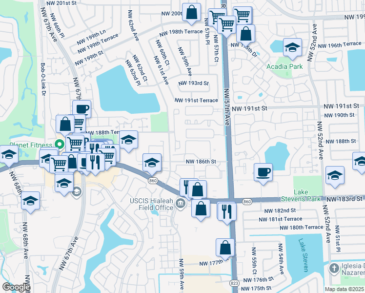 map of restaurants, bars, coffee shops, grocery stores, and more near 18785 Northwest 62nd Avenue in Hialeah